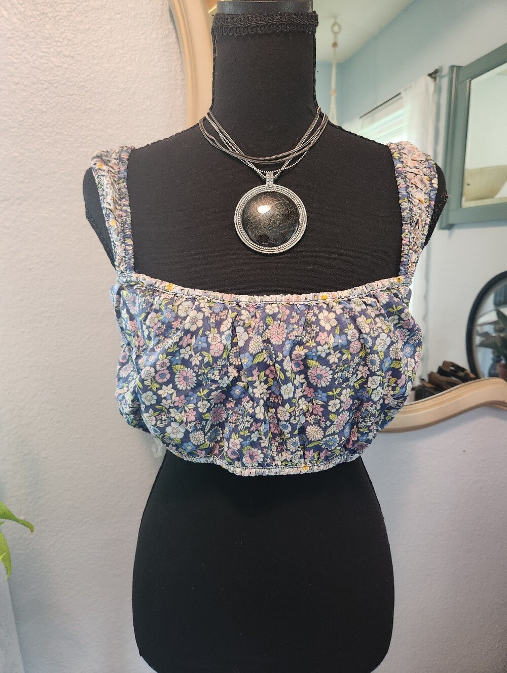 American Eagle Outfitters Navy Floral Smocked Cropped Tank